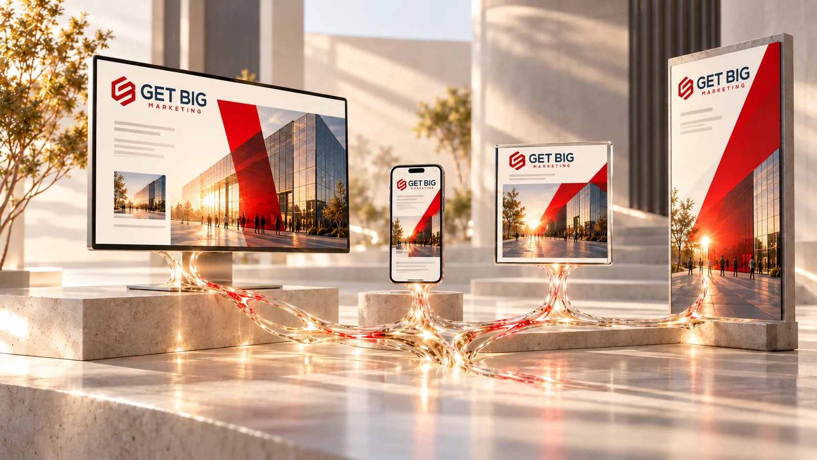 Coordinated website, outreach and campaign sign linked through luminous glass filaments